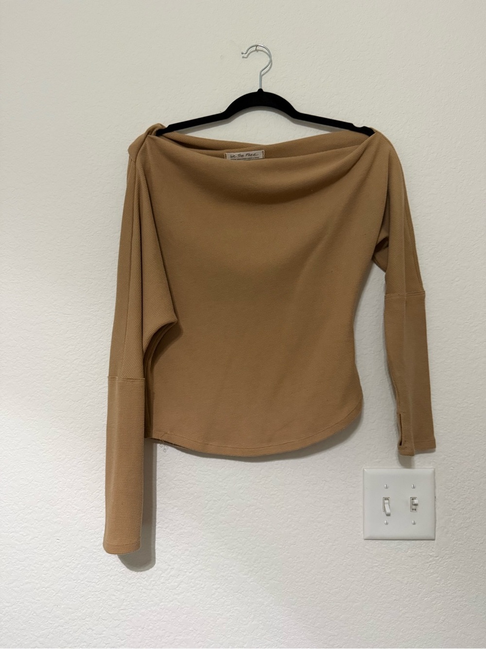We the Free Off-Shoulder Waffle Knit Long Sleeve Top in Tan